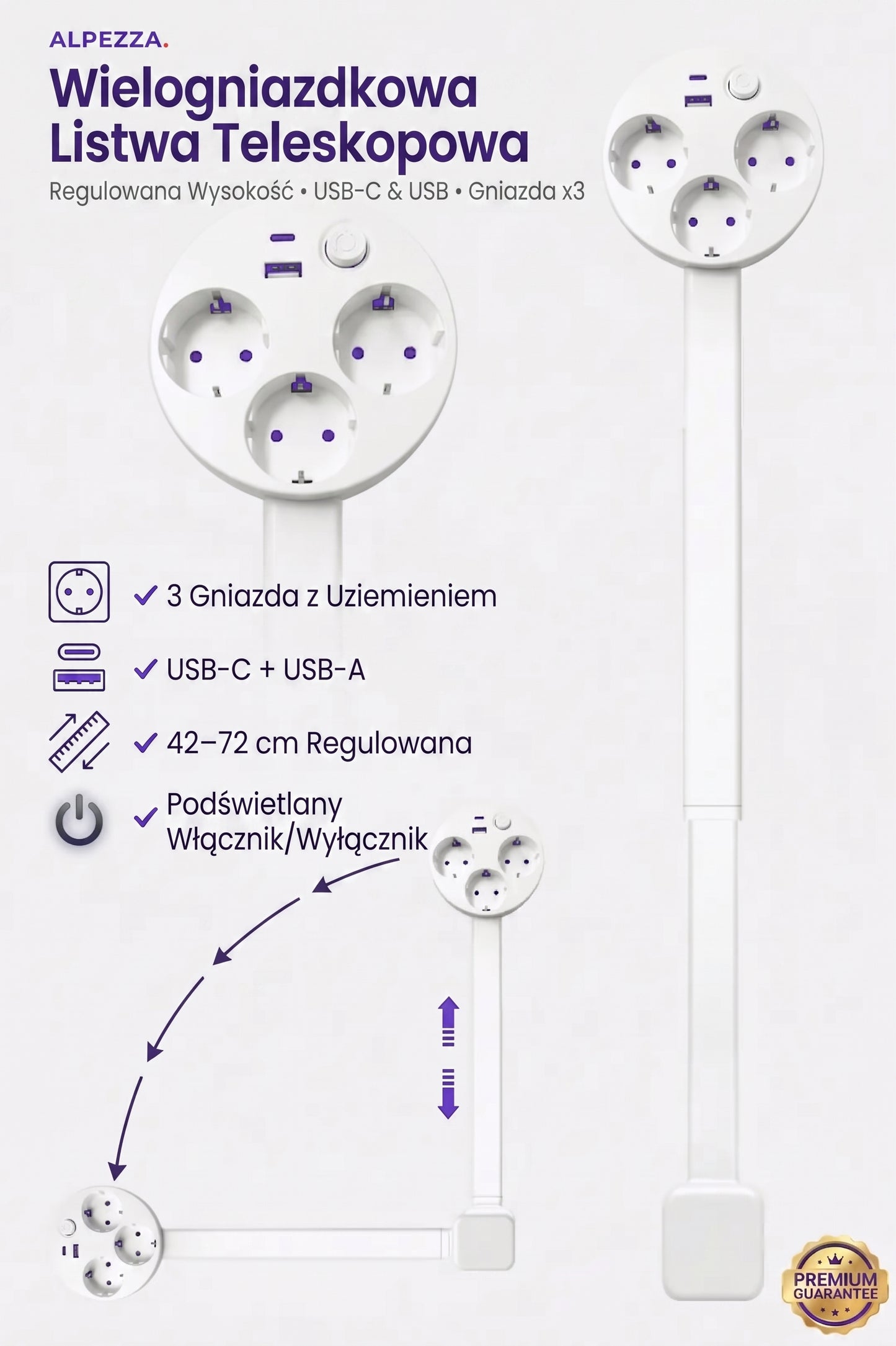 Alpezza Teleskopowa Listwa Zasilająca – Idealna Za Kanapę, Z Regulacją Wysokości, USB-C & USB-A, 3 Gniazda z Uziemieniem