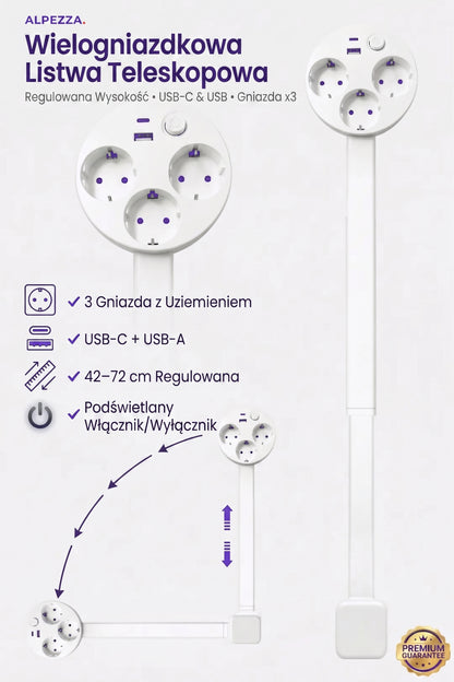 Alpezza Teleskopowa Listwa Zasilająca – Idealna Za Kanapę, Z Regulacją Wysokości, USB-C & USB-A, 3 Gniazda z Uziemieniem