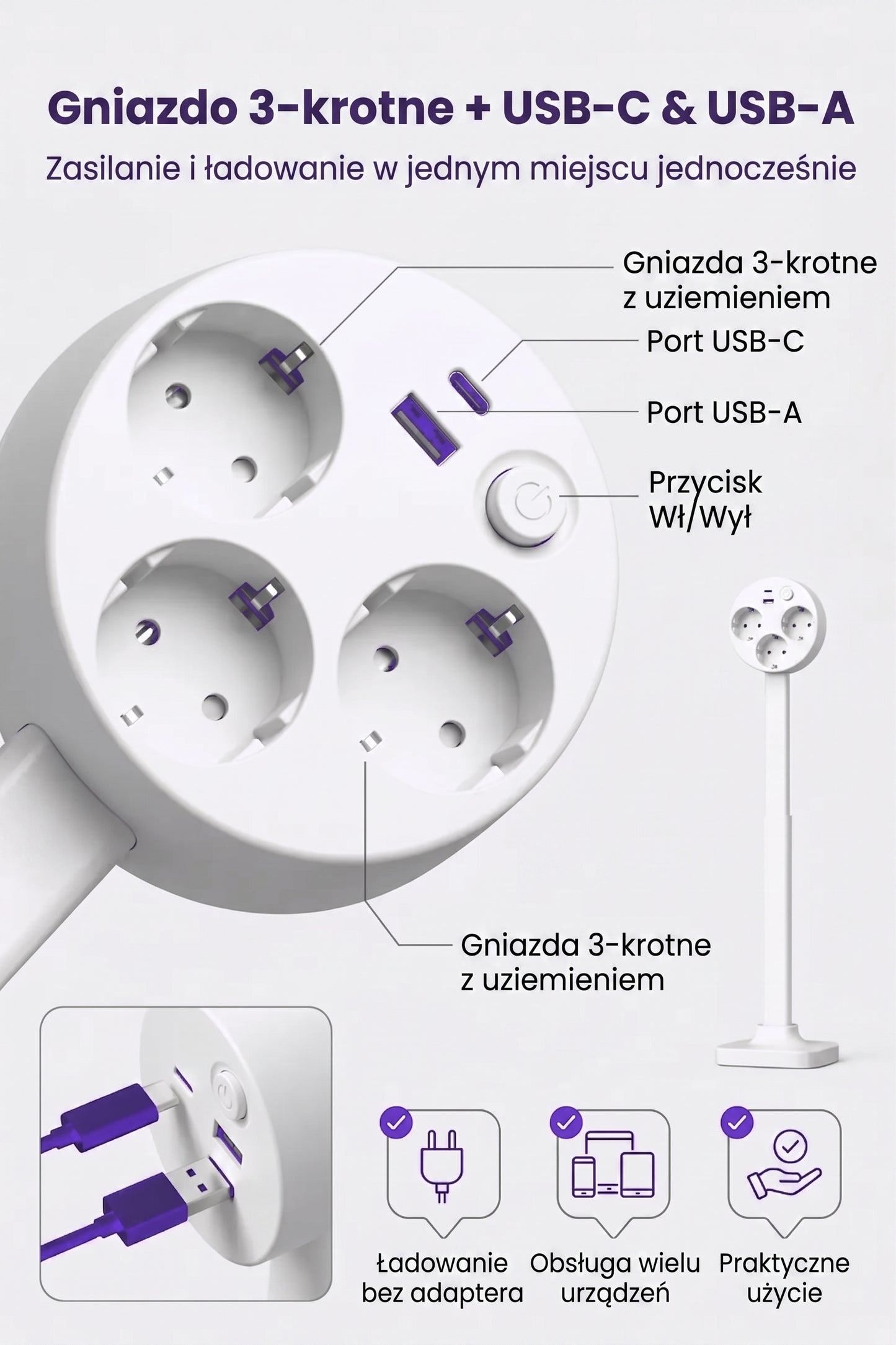 Alpezza Teleskopowa Listwa Zasilająca – Idealna Za Kanapę, Z Regulacją Wysokości, USB-C & USB-A, 3 Gniazda z Uziemieniem