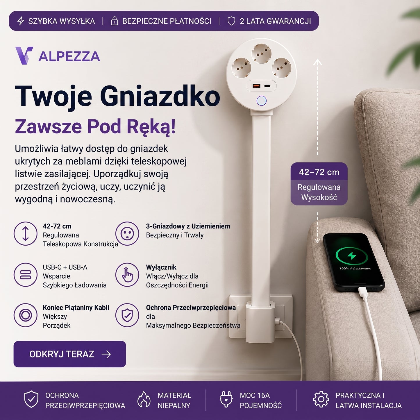 Alpezza Teleskopowa Listwa Zasilająca – Idealna Za Kanapę, Z Regulacją Wysokości, USB-C & USB-A, 3 Gniazda z Uziemieniem