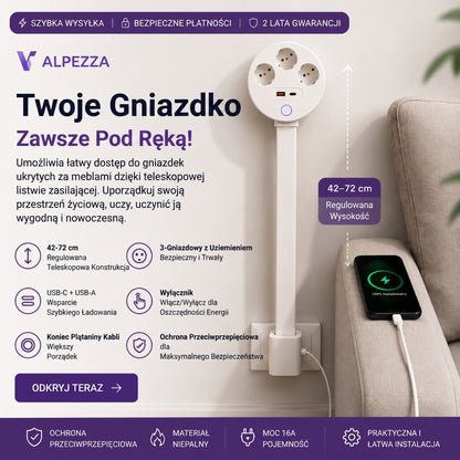 Alpezza Teleskopowa Listwa Zasilająca – Idealna Za Kanapę, Z Regulacją Wysokości, USB-C & USB-A, 3 Gniazda z Uziemieniem