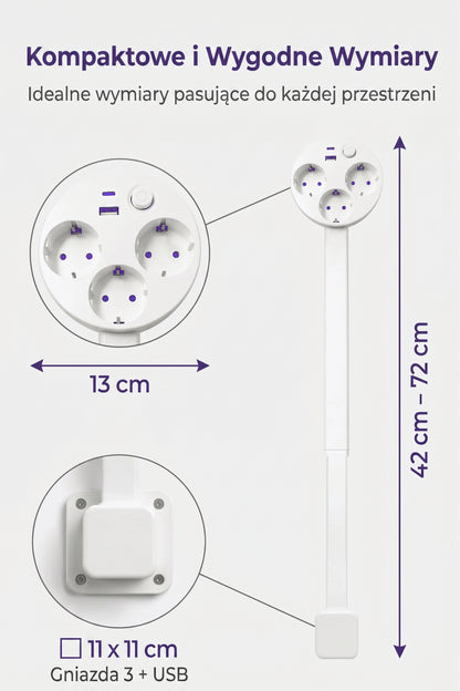 Alpezza Teleskopowa Listwa Zasilająca – Idealna Za Kanapę, Z Regulacją Wysokości, USB-C & USB-A, 3 Gniazda z Uziemieniem